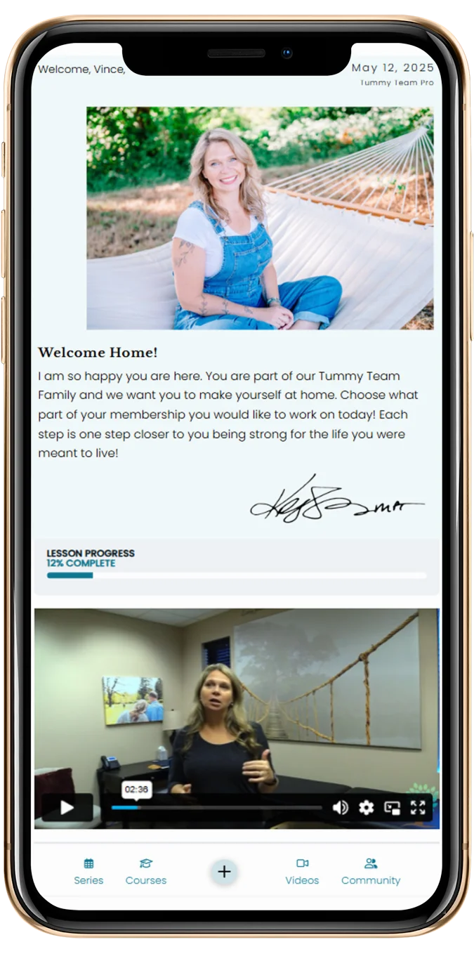 Mobile view of The Tummy Team membership platform with welcome message and video lessons supporting core rehabilitation and functional strength.